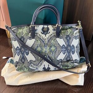 Tory Burch Navy and Green Patterned Fabric Tote with Leather Trim
